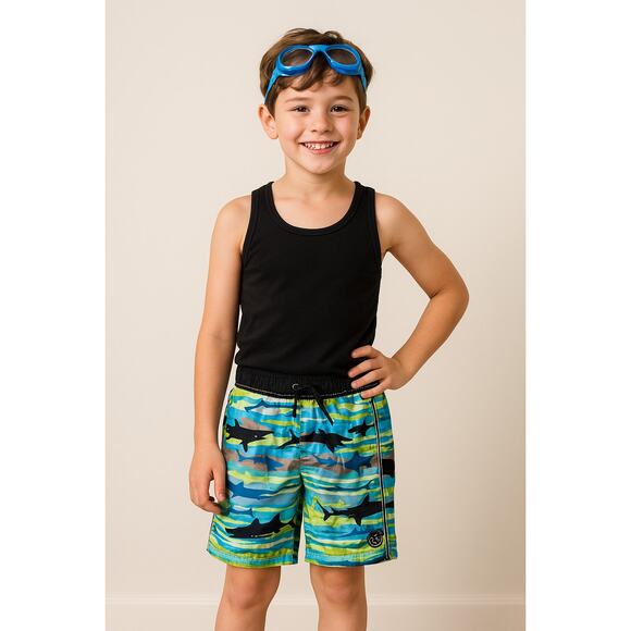 Shark Print Swim Trunks Board Shorts Blue Green ZeroXposur Boys L (7) - Picture 1 of 5